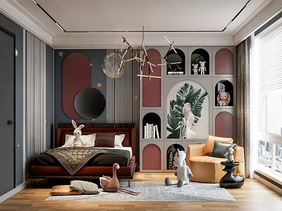 Kids Room Interior Design With Chandelier Bed Rabbit Plush Bookshelf Green Art And Wooden Floor 3d model