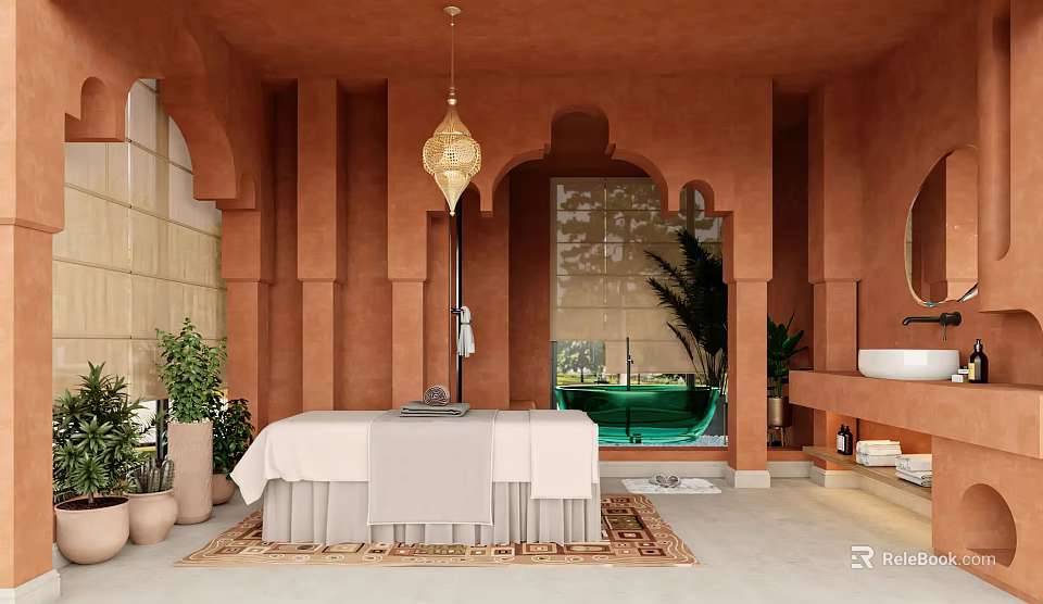 SPA Sauna Interior With Terracotta Walls Moroccan Light Massage Bed Green Bathtub Plants And Rug 3d model 