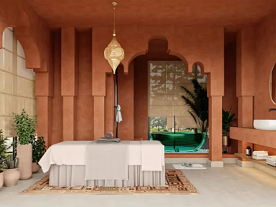 SPA Sauna Interior With Terracotta Walls Moroccan Light Massage Bed Green Bathtub Plants And Rug 3d model
