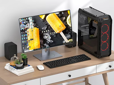 Modern Desktop Computer Setup With Monitor Keyboard Mouse And Gaming PC Case 3d model