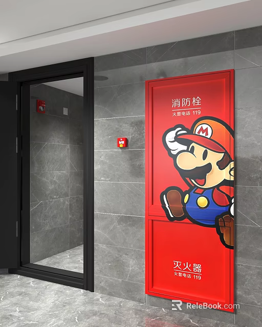 Red Fire Equipment Cabinet With Cartoon Character And Fire Alarm Button On Gray Tiled Wall 3d model 