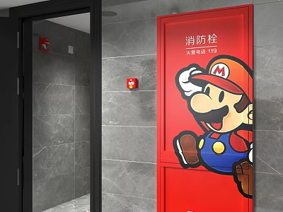 Red Fire Equipment Cabinet With Cartoon Character And Fire Alarm Button On Gray Tiled Wall 3d model