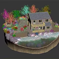 Playful Cartoon Scene With Two Story House Blue Roof Surrounding Trees Water Area And Rocks