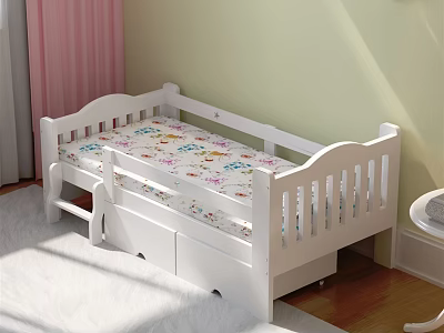 White Children's Bed With Guardrails Floral Mattress Underbed Drawers Pink Curtains And Light Green Walls 3d model
