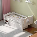 White Children's Bed With Guardrails Floral Mattress Underbed Drawers Pink Curtains And Light Green Walls
