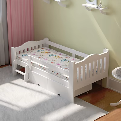 White Children's Bed With Guardrails Floral Mattress Underbed Drawers Pink Curtains And Light Green Walls 3d model