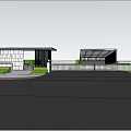 Modern Building Exterior Wall With Sleek Glass Panels And Grass Patio Space