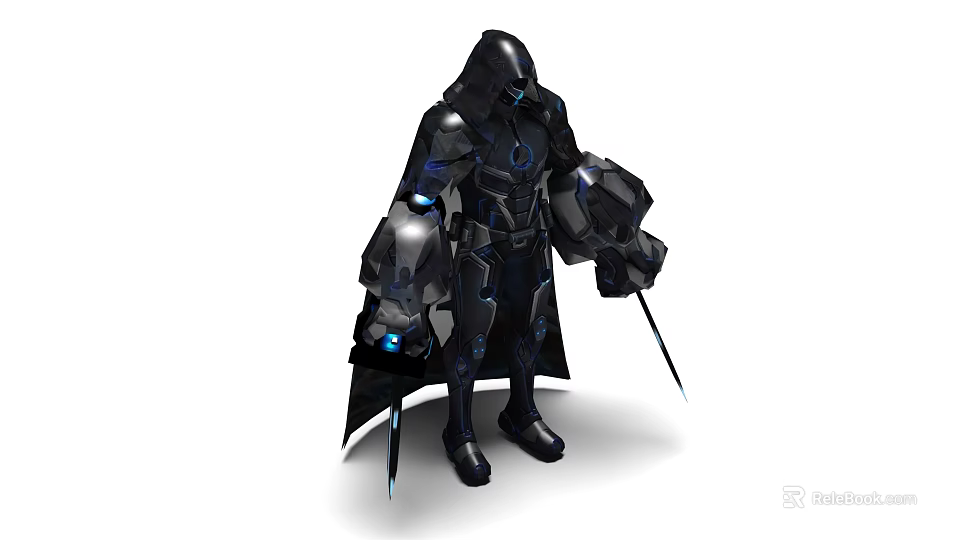 Futuristic Game Movie Character in Black Armor with Blue Glowing Elements Cloak and Swords 3d model 