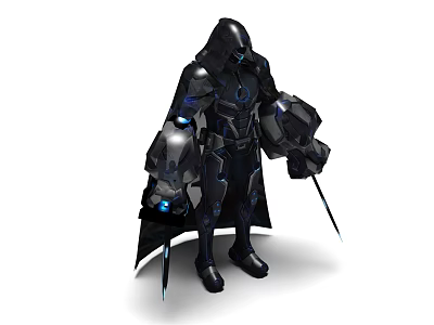Futuristic Game Movie Character in Black Armor with Blue Glowing Elements Cloak and Swords 3d model