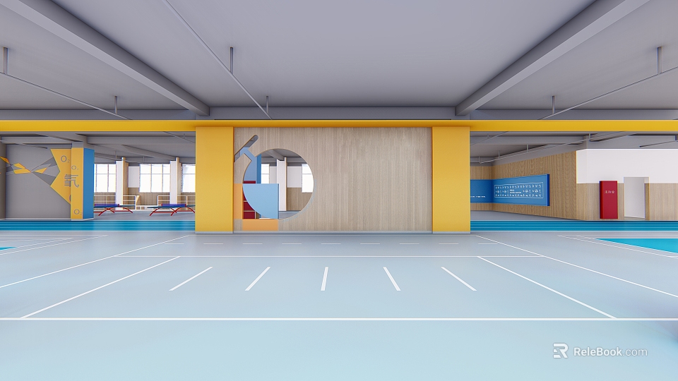 School Gymnasium with Blue Floor White Lines Yellow Pillars Wooden Walls and Circular Window 3d model 