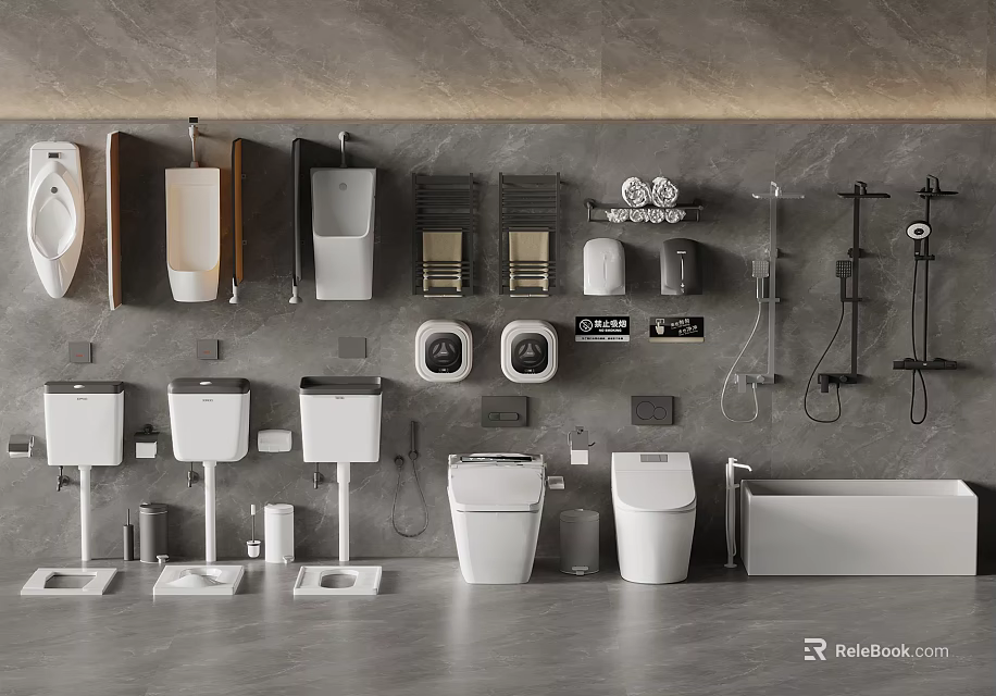 Contemporary Bathroom Fixtures Display With Toilets Sinks Bathtub Shower Systems And Towel Racks 3d model 