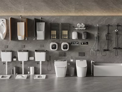 Contemporary Bathroom Fixtures Display With Toilets Sinks Bathtub Shower Systems And Towel Racks 3d model