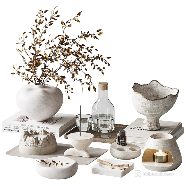 White Decorative Ornament Set With Vase Foliage Clear Bottle Candle Tray And Books 3d model 