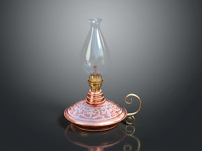 Vintage Candle Lamp With Copper Base Intricate Carvings Transparent Glass Shade And Curved Metal Handle 3d model