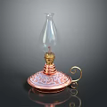 Vintage Candle Lamp With Copper Base Intricate Carvings Transparent Glass Shade And Curved Metal Handle