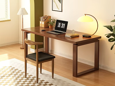 Wooden Study Desk With Laptop Table Lamp Small Potted Plant And Wooden Chair 3d model