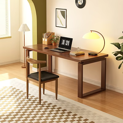 Wooden Study Desk With Laptop Table Lamp Small Potted Plant And Wooden Chair 3d model