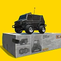 Electric Toy Remote Control Car Black with Antenna Big Wheels on Packaging Box Yellow Background