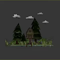 Small Island With Thatched Cottage Pine Trees Clouds Water Lily Pads And Wooden Bridge