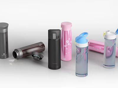 Various Colored Insulated And Sports Water Bottles With Different Styles And Lids 3d model