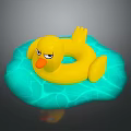 Yellow Duck Shaped Inflatable Swimming Ring With Orange Beak And Feet Floating On Water Surface