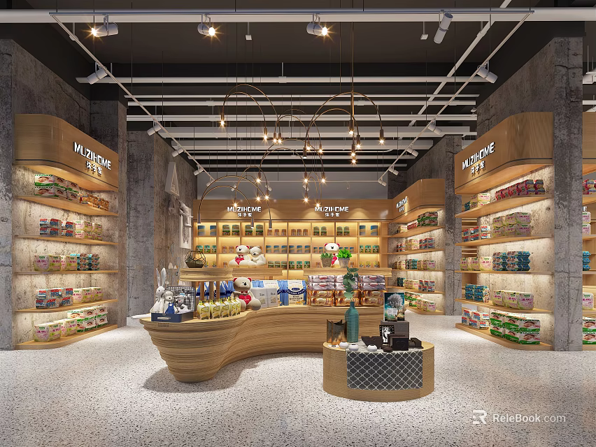 Modern Specialty Store Interior With Wooden Shelves Curved Counter And Product Displays 3d model 