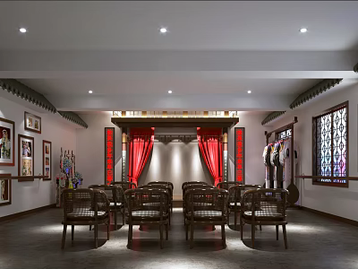 Chinese Traditional Hall Interior With Wooden Chairs Red Curtains And Calligraphy Paintings 3d model