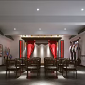 Chinese Traditional Hall Interior With Wooden Chairs Red Curtains And Calligraphy Paintings