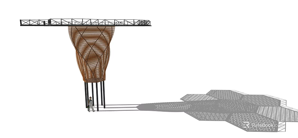 Tower Like Architectural Structure Featuring Grid Exterior Support Columns And Human Figure For Scale 3d model 