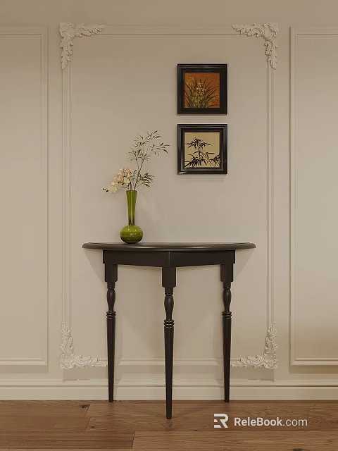 Elegant Dark Wood Console Table With Green Vase Flowers Branches And Framed Paintings 3d model 