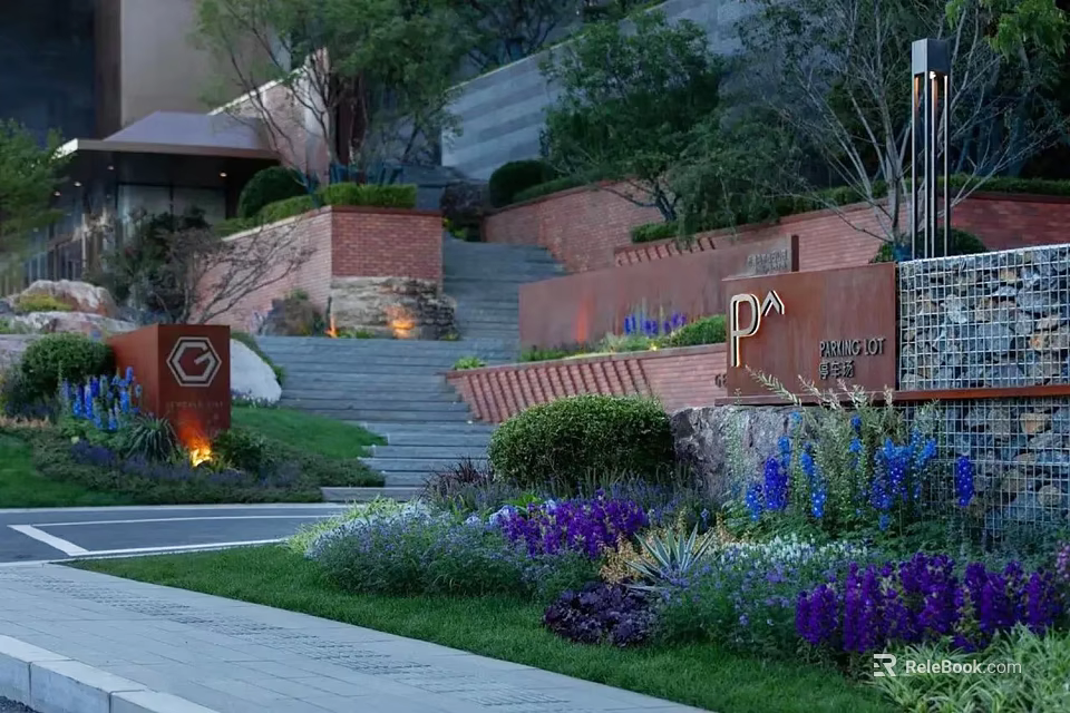 Landscape Garden Design with Red Brick Walls Steps Green Plants and Purple Flowers 3d model 