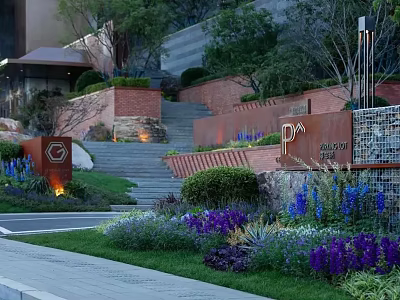 Landscape Garden Design with Red Brick Walls Steps Green Plants and Purple Flowers 3d model