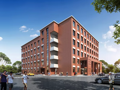 Red Brick Multi Story School Building With Balconies Trees Pedestrians And Clear Blue Sky 3d model