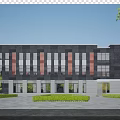 Modern Office Building With Gray Red Facade Large Windows And Front Landscaping 3d model