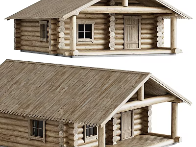 Rustic Log Cabin With Gabled Roof Wooden Porch And Classic Windows 3d model