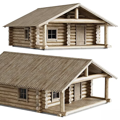 Rustic Log Cabin With Gabled Roof Wooden Porch And Classic Windows 3d model