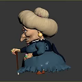 Cartoon Style Game Movie Character Old Woman With Blonde Curly Hair Blue Dress And Cane