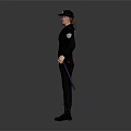 Security Guard Character in Black Uniform Standing with Cap Holding Baton Against Grey Background 3d model