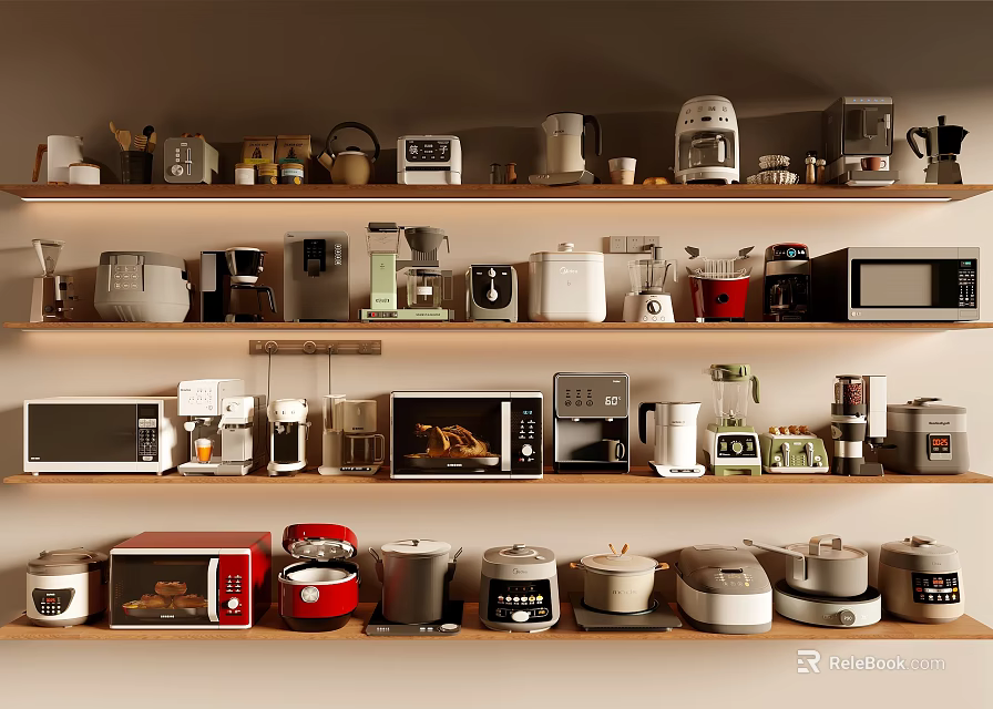 Various Kitchen Appliances Neatly Organized On Multiple Wooden Shelves 3d model 