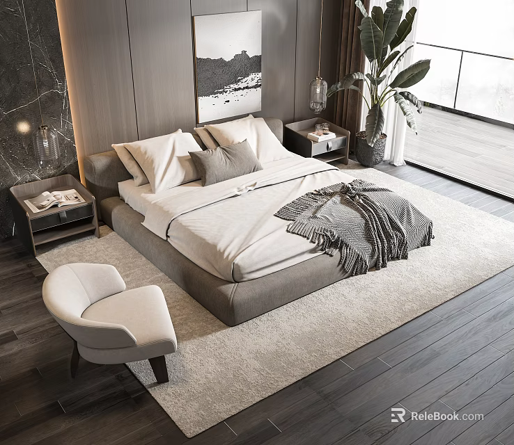Modern Double Bed Bedroom With White Bedding Nightstand Plant Accent Chair Rug And Window View 3d model 