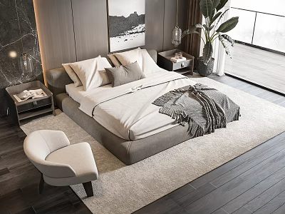 Modern Double Bed Bedroom With White Bedding Nightstand Plant Accent Chair Rug And Window View 3d model