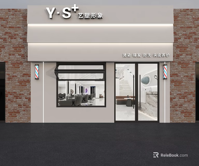 Beauty Salon Storefront With Red Brick Walls White Awning Barber Poles And Glass Doors 3d model 
