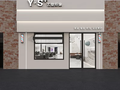 Beauty Salon Storefront With Red Brick Walls White Awning Barber Poles And Glass Doors 3d model