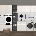 Modern Laundry Room Design With Double Washing Machines Storage Cabinets And Laundry Supplies