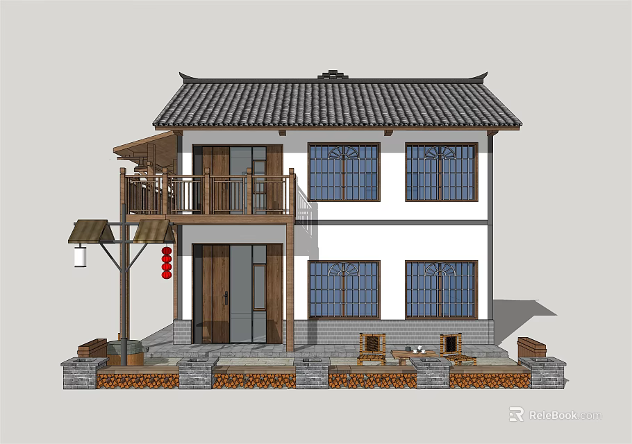 Chinese Style Two Story Detached Villa With Traditional Roof Blue Windows And Balcony 3d model 