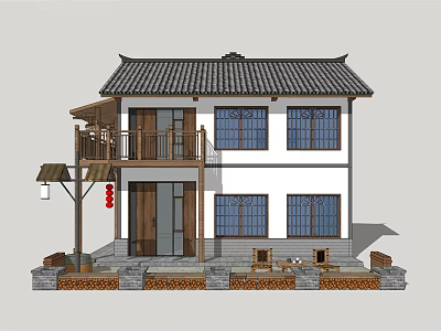 Chinese Style Two Story Detached Villa With Traditional Roof Blue Windows And Balcony 3d model