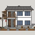 Chinese Style Two Story Detached Villa With Traditional Roof Blue Windows And Balcony