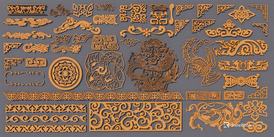 Various Intricate Decorative Carvings With Dragon Phoenix And Floral Patterns 3d model 