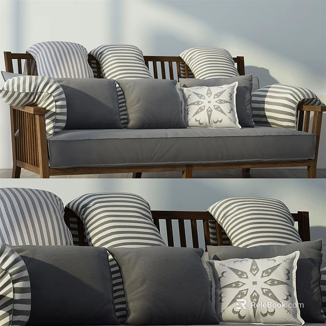 Modern Multi Seater Sofa With Wooden Frame Gray Cushions Striped And Patterned Pillows 3d model