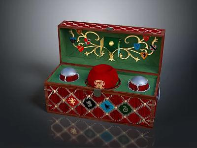 Red Diamond Pattern Decorative Box with Green Lining Red Hat Silver Bowls and Golden Patterns 3d model